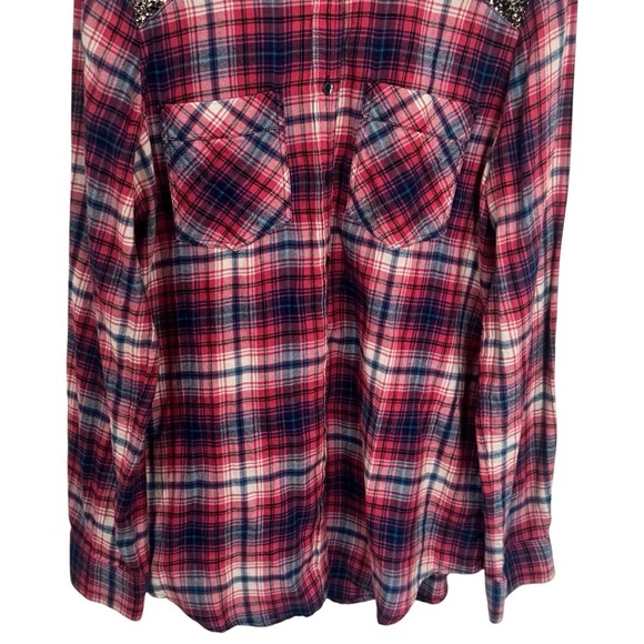 Express Boyfriend Red and Blue Sparkle Panel Plaid Long Sleeve Button Up Size M - Picture 4 of 11